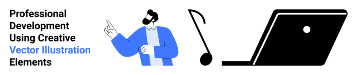 Person gesturing towards a laptop with abstract design accents and text. Ideal for professional growth, online learning, digital education, work presentations, remote training, content creation