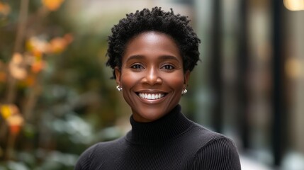 African American woman beams with joy, radiating warmth and confidence.
