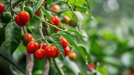 Ripe red chili peppers hanging from lush green plants