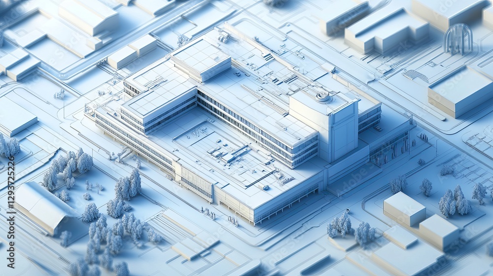 Poster modern architectural building design blueprint aerial view isometric minimalist style clean lines wh