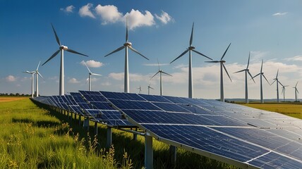 Solar panels and wind turbines generating electricity