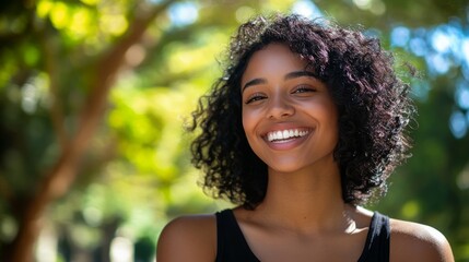 African American woman beams with joy, radiating warmth and confidence.
