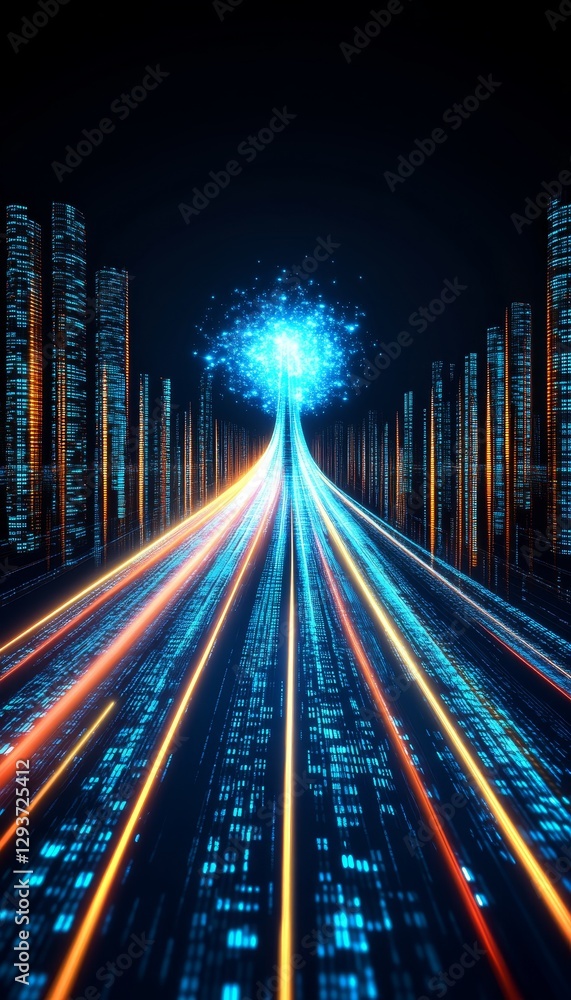 Poster digital pathways converging abstract vector design with intense blue light and vibrant colors