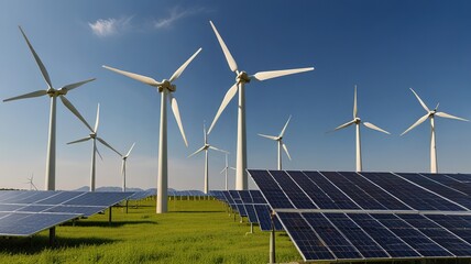 Solar panels and wind turbines generating electricity