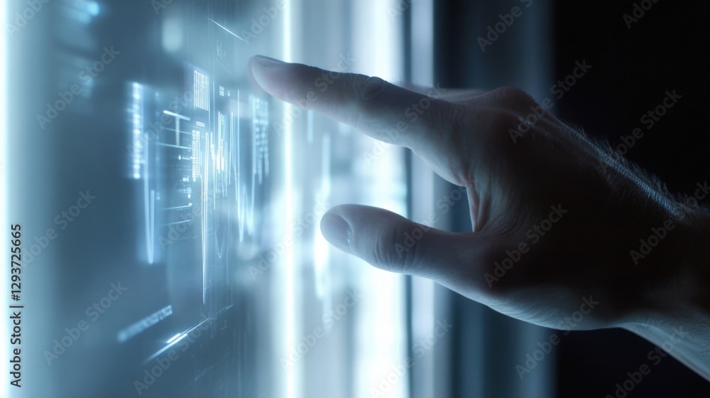 Poster businessman interacting with a transparent touchscreen interface showcasing financial charts and dat