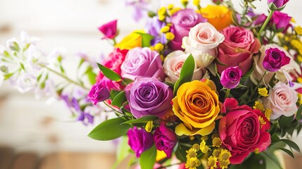 Fototapeta premium Vibrant Birthday Bouquet with Fresh Flowers, Joyful Floral Arrangement for Celebrations, Party Decorations, Festive Greeting Card Background