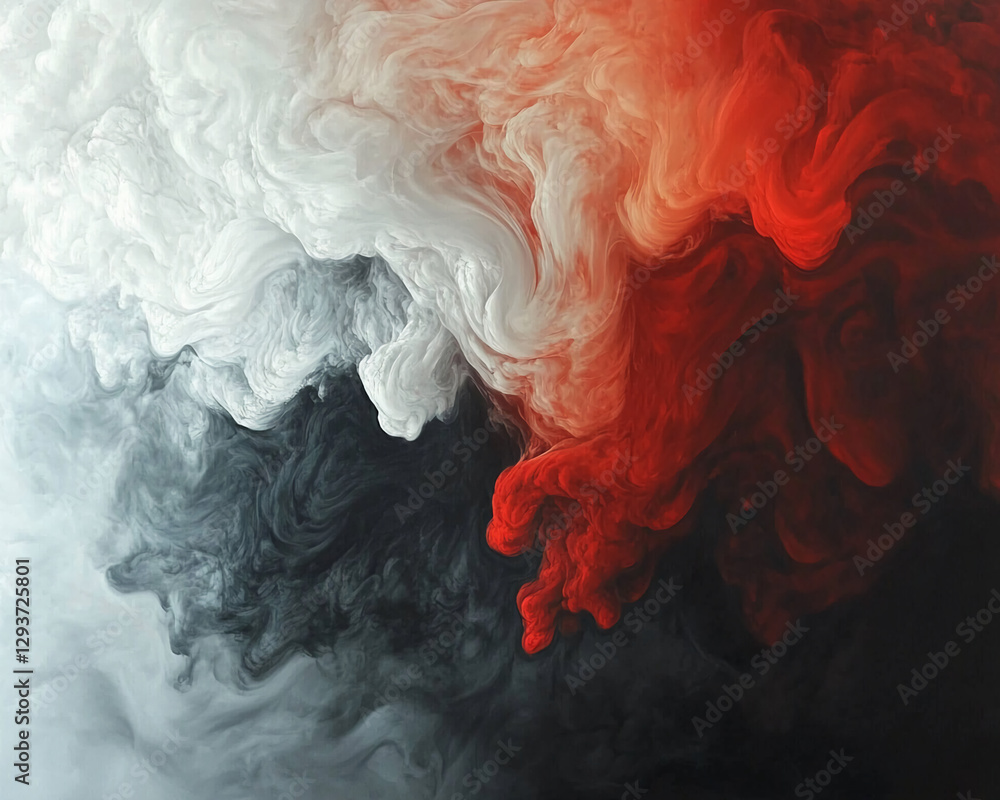 Poster close-up of swirling black, white, and red ink in water creating dramatic abstract patterns, symboli