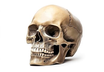 Obraz premium A detailed, high-resolution photograph of a skull with an open jaw against a white background.