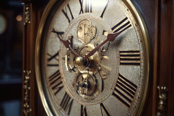 A detailed view of an analog clock face featuring Roman numerals, perfect for use in designs related to timekeeping or nostalgia