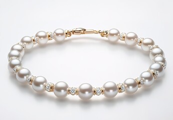 Obraz premium The delicate white pearl necklace is displayed on the table, with a golden clasp and small diamonds embedded in it.