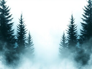 Obraz premium Misty forest with tall trees silhouetted against a soft, light background creating a serene atmosphere.