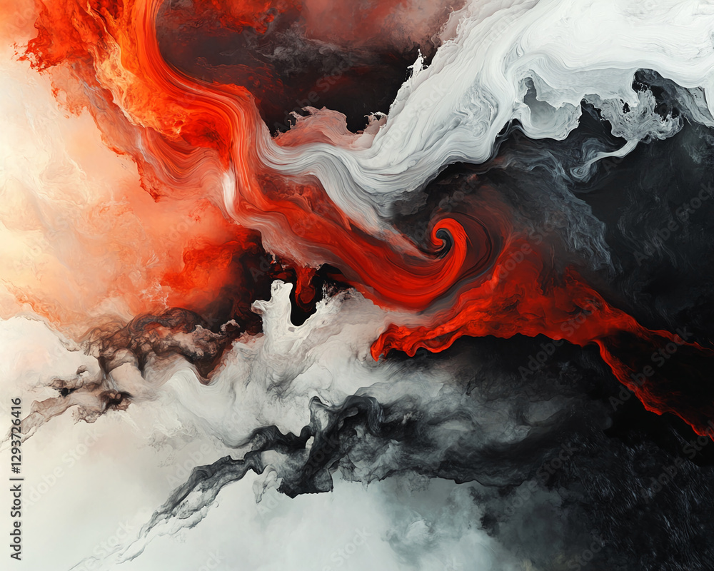 Poster Abstract swirling ink in shades of red, black, and white blending together, symbolizing fluidity, movement, and contrast in a powerful display of dynamic color interaction.