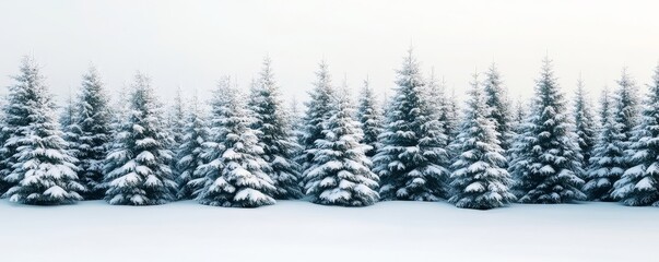 Fototapeta premium Snow-covered evergreen trees with soft dappled light, peaceful winter wonderland.