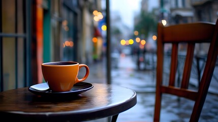 Cozy Coffee Shop Scene- Rainy Day Ambiance with Orange Mug