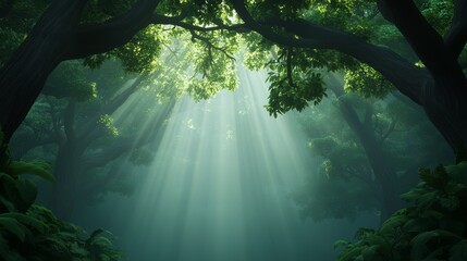 Obraz premium Misty rainforest with glowing dappled sunlight streaming through ancient trees.