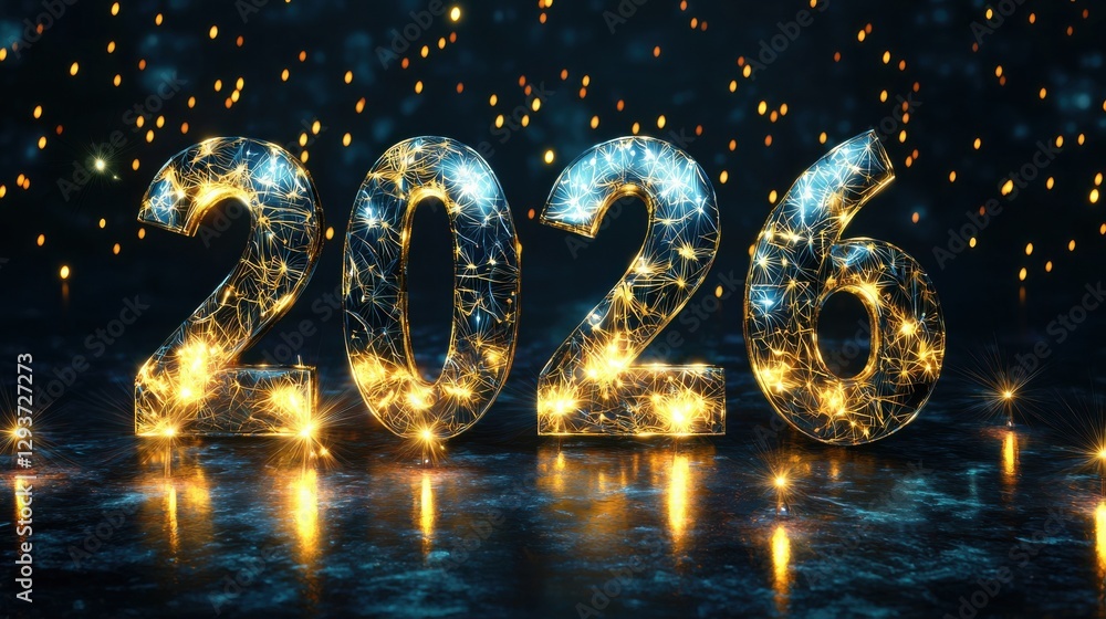 Poster glittering 2026 new year countdown with sparkling lights and vibrant fireworks celebrating the arriv