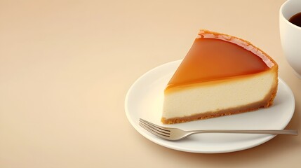 Slice of caramel cheesecake with fork and cup of coffee