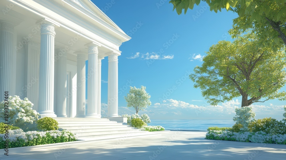 Poster a large white building features prominent columns, surrounded by lush greenery and trees in the fore