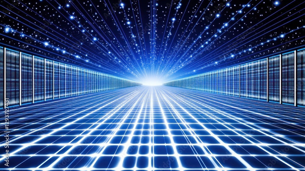 Wall mural data streams converging in digital server room, futuristic background, tech concept