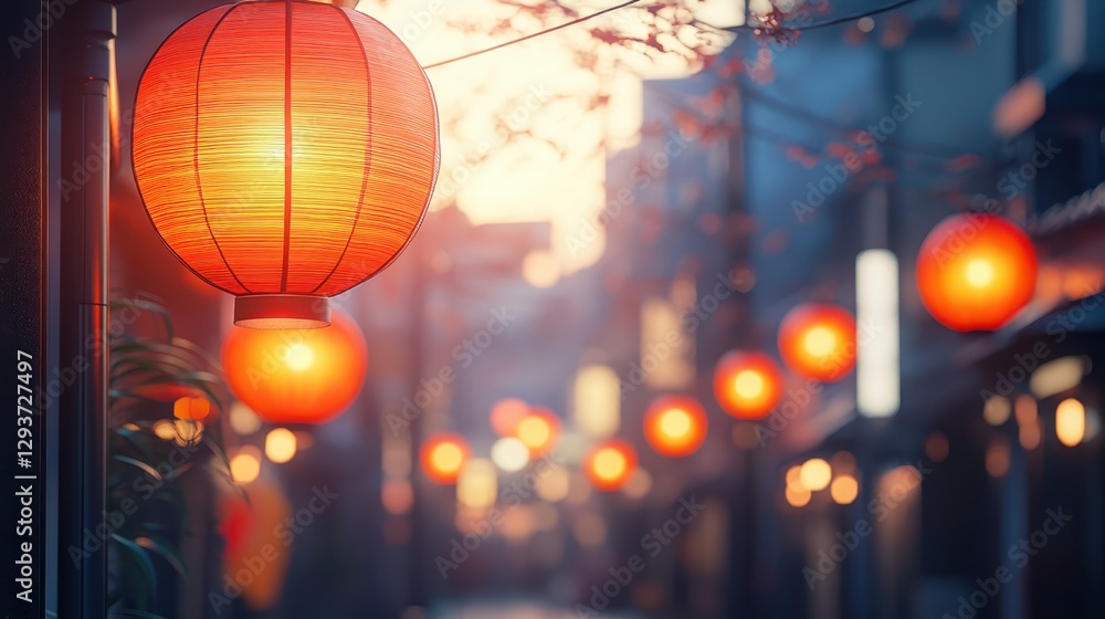 Poster a vibrant display of red lanterns suspended from a tree, illuminating the cityscape with festive cha