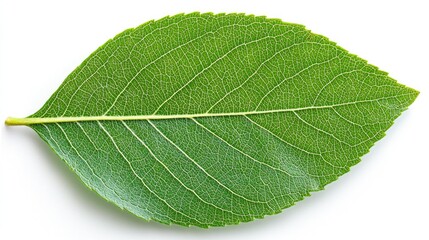 Obraz premium Single green leaf isolated on white background; nature, botany, design