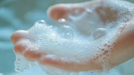 Obraz premium Close-up of a person's hand grasping soap bubbles, great for illustrations and creative projects