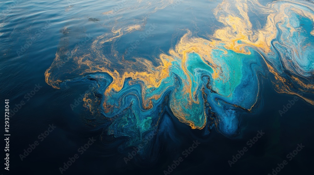 Poster abstract swirling patterns of blue and gold in water, reflecting light and creating a vibrant scene