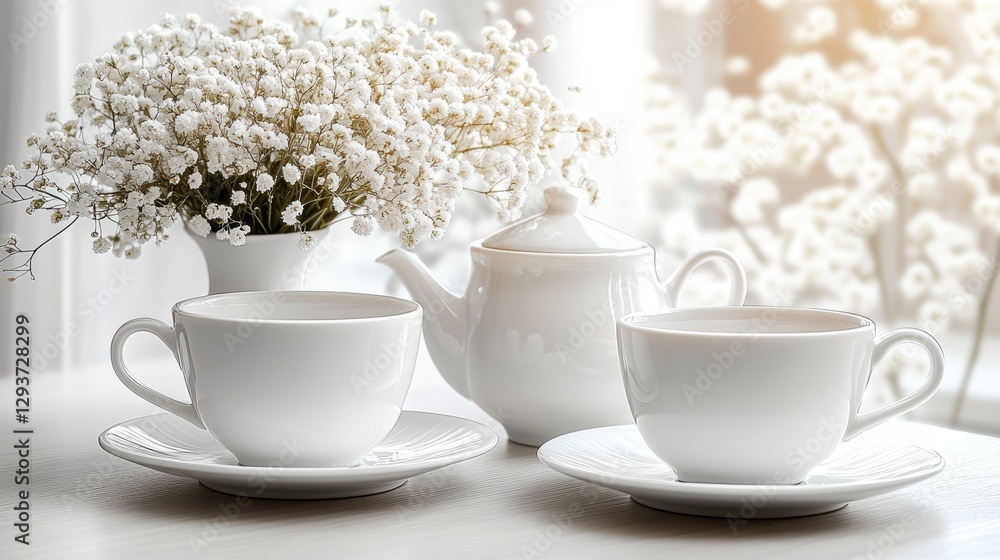 Poster two elegant cups with saucers are placed on a table, accompanied by a charming vase filled with vibr