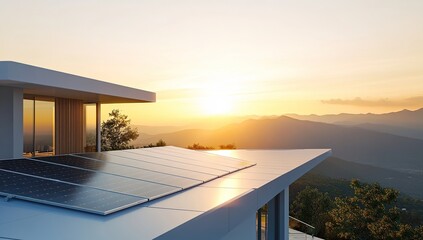 Fototapeta premium Modern Home with Solar Panels on Rooftop at Sunset