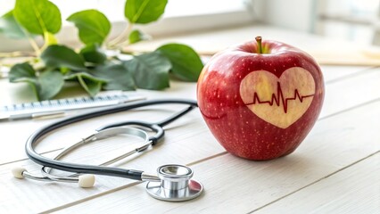 Healthy Heart Concept with Apple, Stethoscope, and Heartbeat Symbol – Wellness and Nutrition