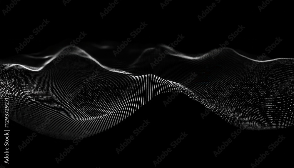 Poster abstract black and white digital wave pattern with flowing lines, perfect for tech or futuristic des