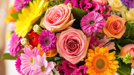 Vibrant Birthday Bouquet with Fresh Flowers, Joyful Floral Arrangement for Celebrations, Party Decorations, Festive Greeting Card Background