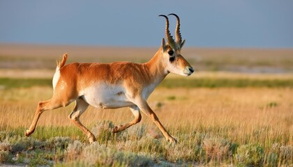 Obraz premium Male Saiga Antelope in Motion against the Black Earth at Cherniye Zemli Nature Reserve, Kalmykia, Capturing the Agile Grace of the Endangered Species amidst Authentic Steppe Scenery.