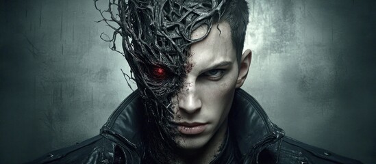 Dark fantasy portrait, man, vines, red eye, grunge background, game cover