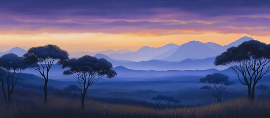 Serene sunset over a vast savanna landscape with silhouetted acacia trees and distant mountains.