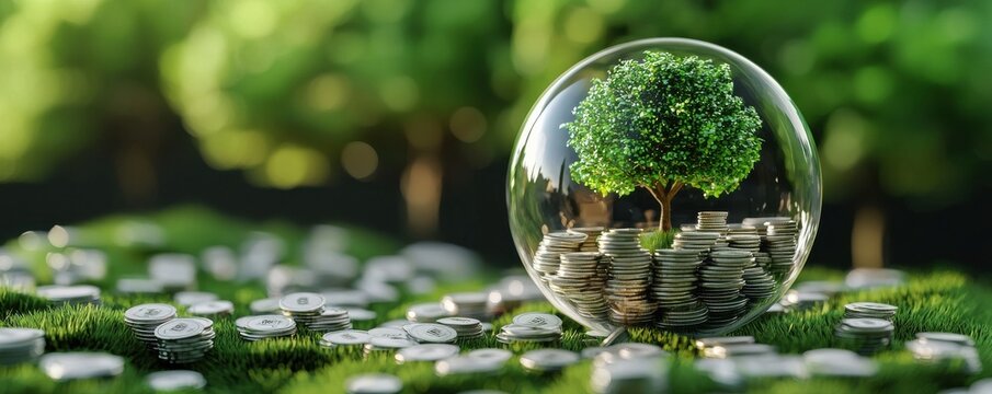 A glass orb containing a tree and coins symbolizes the balance between nature and finance, promoting sustainability and eco-friendly investments.