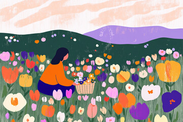 Fototapeta premium Vector illustration of a person picking wildflowers in a sunny meadow, flat style illustration, simple shapes