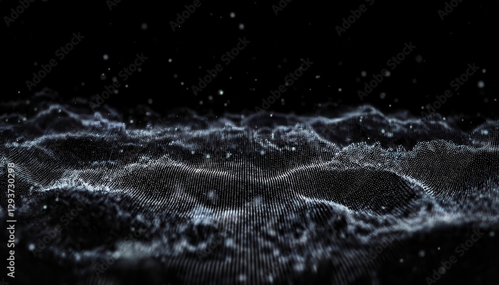 Poster abstract digital landscape with flowing waves of particles on a dark background, suitable for creati