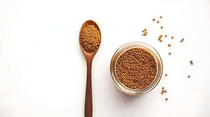 Mustard seeds are in a spoon and glass jar