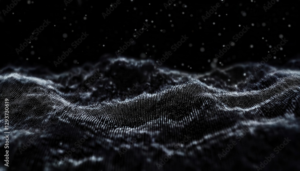 Poster abstract digital landscape with flowing waves of particles on a dark background, suitable for creati