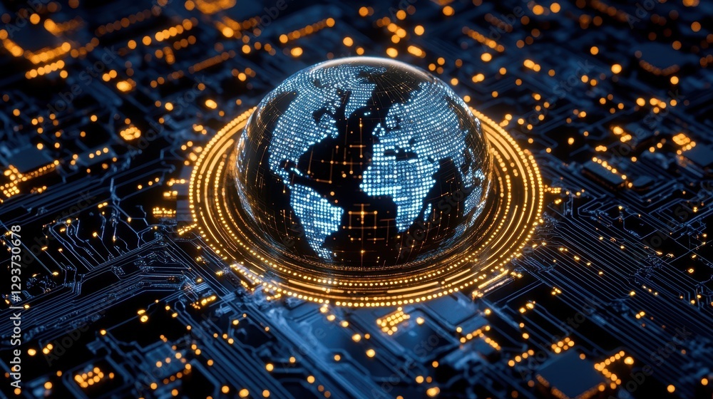 Poster a detailed close-up of a globe resting on a circuit board, illuminated by vibrant lights, symbolizin