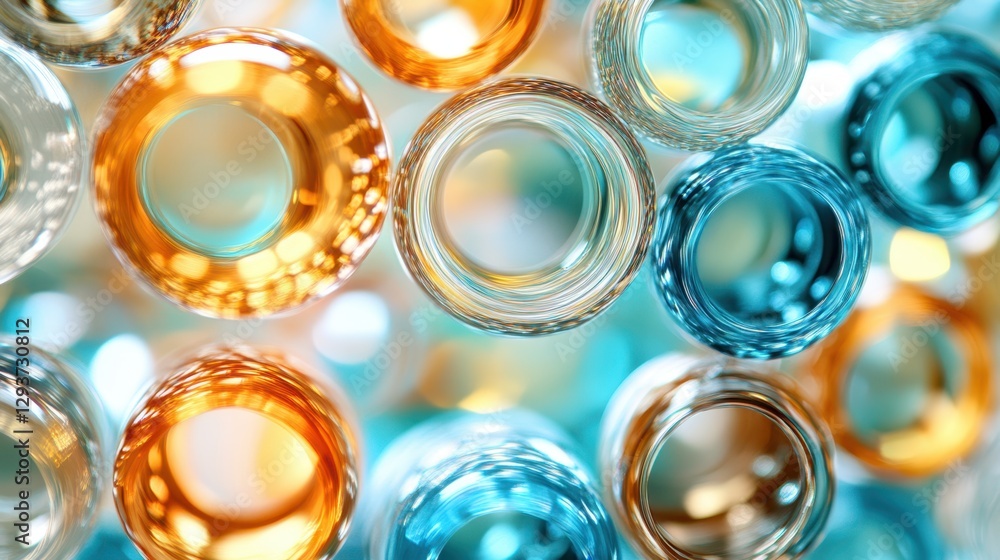 Poster colorful glass bottles illuminated by a soft light create a visually striking composition, highlight