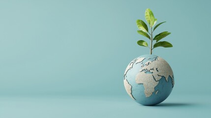 A globe with a small plant growing from its surface, symbolizing environmental sustainability and the importance of caring for our planet.