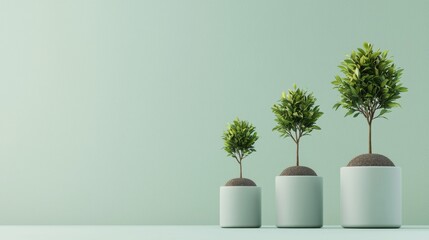 Three potted trees of varying heights on a soft green background, symbolizing growth and harmony in a minimalist setting.