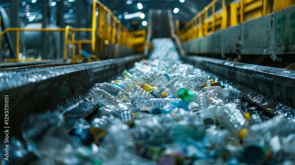 Fototapete bottles and plastic debris fill the conveyor belt inside a recycling center where workers and machin
