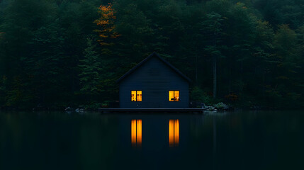 Fototapeta premium Lakeside cabin at night, forest backdrop, calm water reflection, tranquil escape