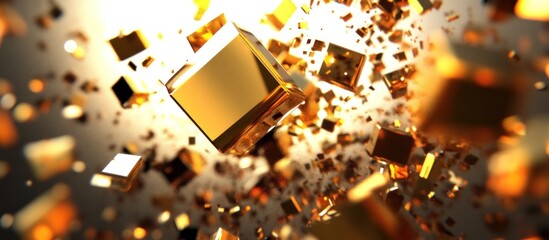 Golden cubes explode; dark background; digital art; promotional use