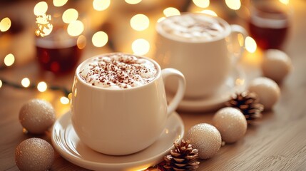 Fototapeta premium Warm Holiday Beverages with Cozy Bokeh Lights and Decor Elements