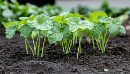 Obraz premium Young Bean Seedlings Growth. Seedlings Growing in Soil, Concept of Fresh, Bean Leaves Closeup.