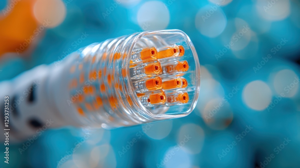 Poster a close-up view of a light bulb featuring distinctive orange dots, showcasing its intricate design a